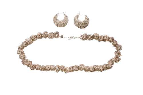 A wire ball link necklace and earring set in sterling silver
