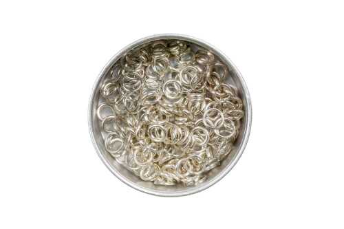 A box of jump rings in sterling silver