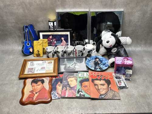 Elvis Presley memorabilia, including mirrors, books, mugs
