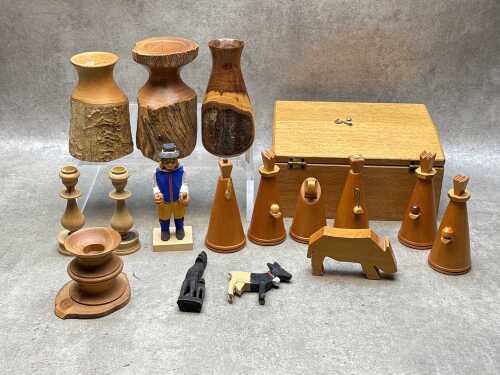 Assorted treen including carved Nativity figures in cabinet, turned Mulga wood vases, etc.