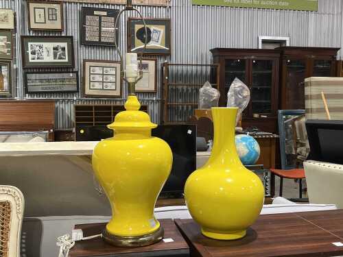 Yellow glazed porcelain lamp base and vase