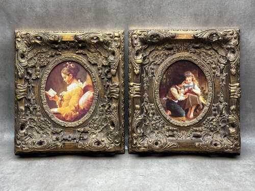 Pair of framed prints in heavily carved gilded frames
