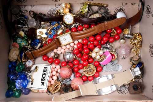 A collection of vintage costume jewellery and watches in jewellery case