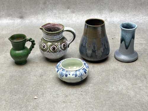 Five European ceramic vessels, including B&uuml;rgel Jugenstil drip glaze vase