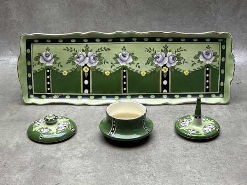 Antique Crown Devon 'Cedric' dressing table set including tray, ring stand and trinket box.
