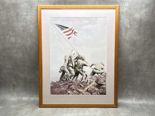 After Joe Rosenthal, Raising the Flag on Iwo Jima. Framed reproduction print on paper