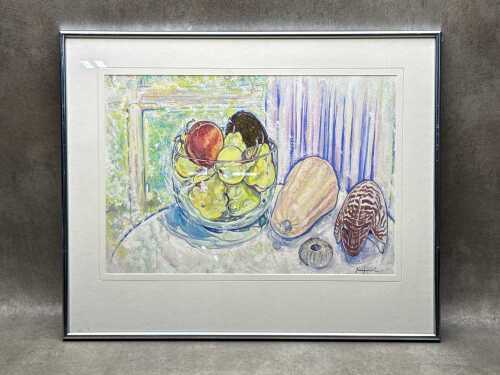 Betty Jungwirth, Pears in Light and Nautilus. Gouache painting on Arches paper