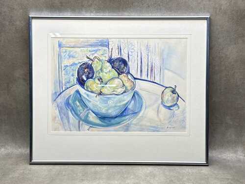 Betty Jungwirth, Blue Bowl and Pears, 1990. Gouache painting on paper