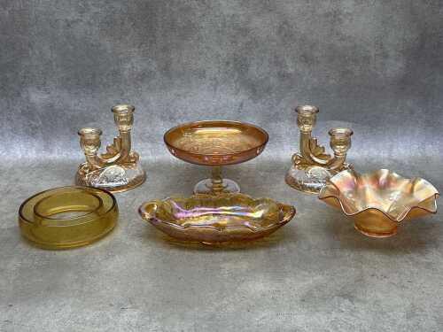 Group of mostly carnival glass pair of candle holders, ruffled bowls, etc.