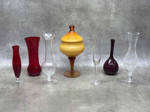 Retro glass decorative items including Italian bonboniere and Bohemian ruby vase