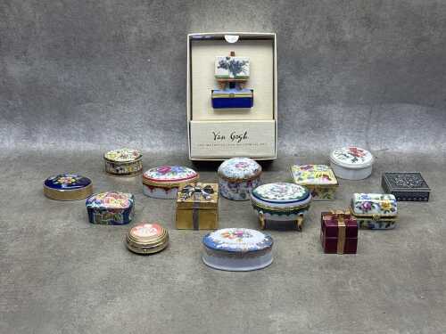 Collection of porcelain pill boxes including boxed MMA Van Gogh, William Morris, Marks & Spencer, etc.
