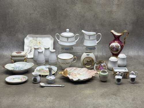 Assorted porcelain including Limoges, hand-painted dishes, Noritake Aurelia creamer and sugar bowl, etc.
