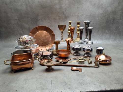 Metalware including copper dishes, pair of brass candlesticks, pairs of silver plated posy vases, etc.