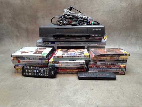 DVDs, together with JVC DVD player and GE VHS video player