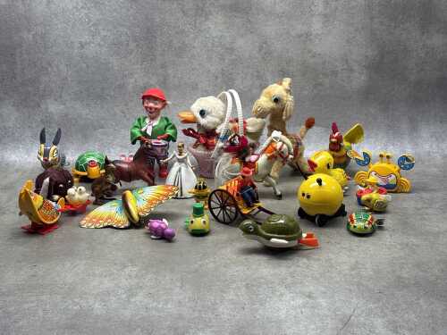 Wind-up toys including tin and plastic.