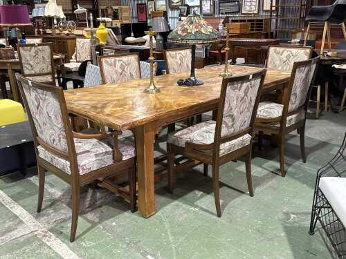 Seven-piece farmhouse dining table with parquetry top