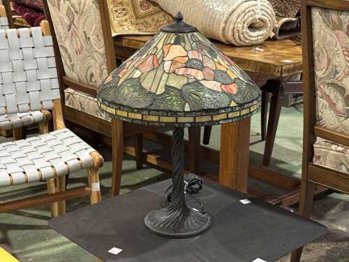 Tiffany-style table lamp with metal base and acrylic shade