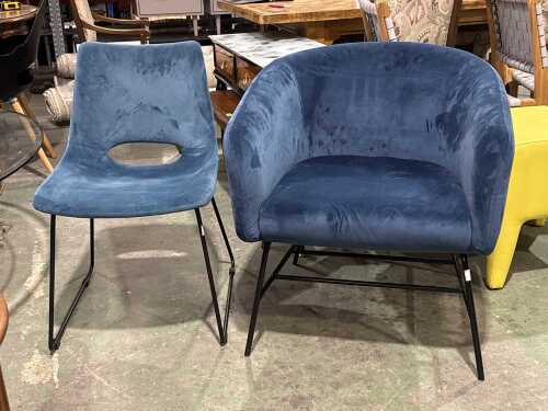 Two blue velvet occasional chairs