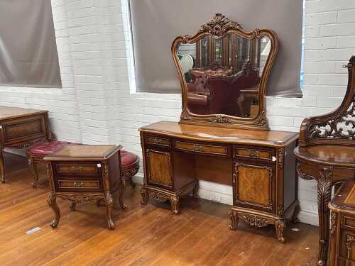 Baroque Revival style dressing table with mirror and matching bedside table