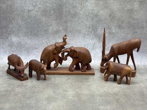 Five handcarved timber teak animal figures