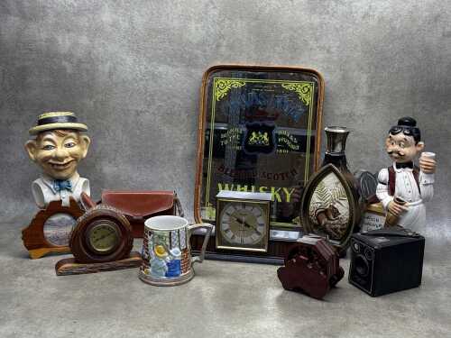 Barware, including Chivas Regal mirror, mulga wood clock