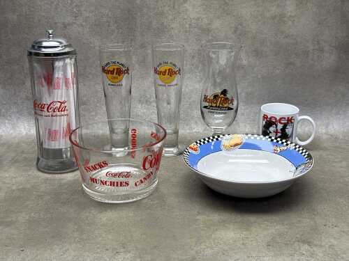 Diner style serving ware including Coca Cola and Hard Rock Cafe