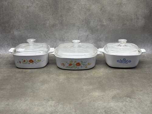 Three Crown Corningware casserole dishes with lids