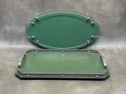 Two drinks trays with chrome handles and galleries