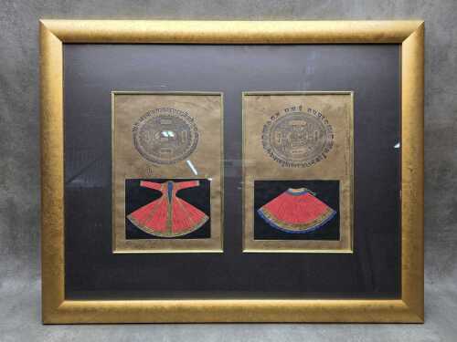 Framed diptych of Jaipuri miniature paintings of traditional garments