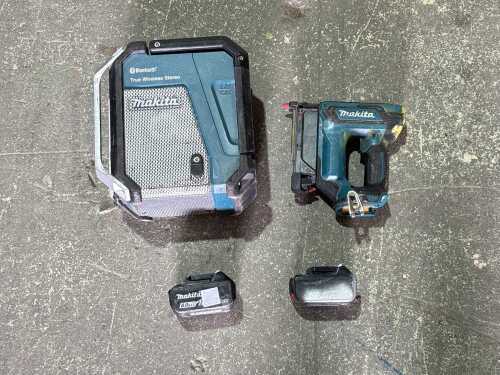 Makita 18V jobsite radio with cordless nailer and batteries