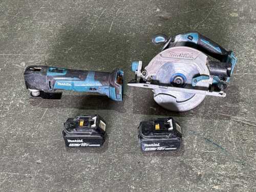 Makita 18V cordless circular saw and angle grinder with batteries
