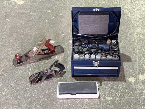 Assorted woodworking tools and rotary tool set