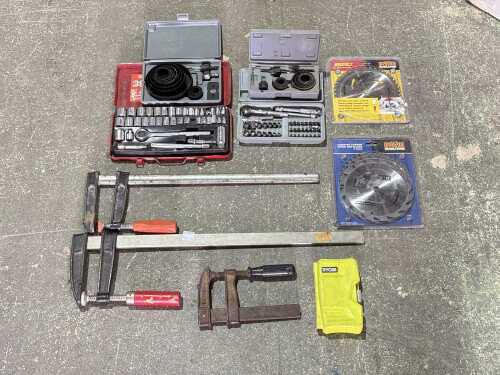 Assorted clamps, measuring tools and workshop accessories