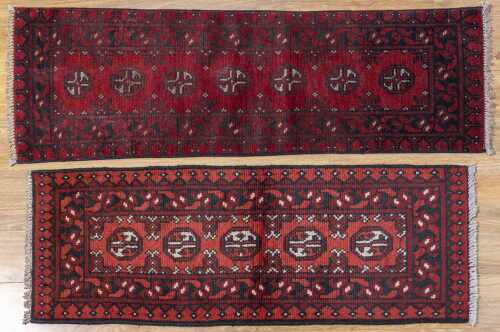 Two Afghan Turkman rugs, hand-knotted wool, 147 x 146cm