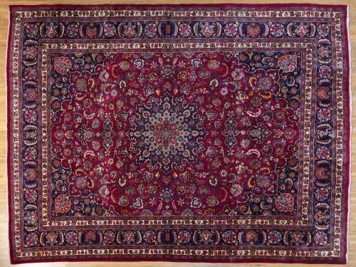 Vintage Persian Mashad rug, hand-knotted wool, 387 x 297cm