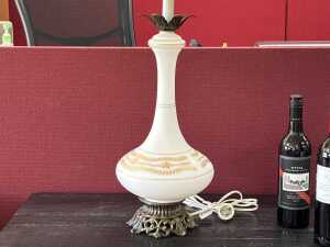 Milk glass lamp with gold-tone floral and leaf scroll accents. - 2