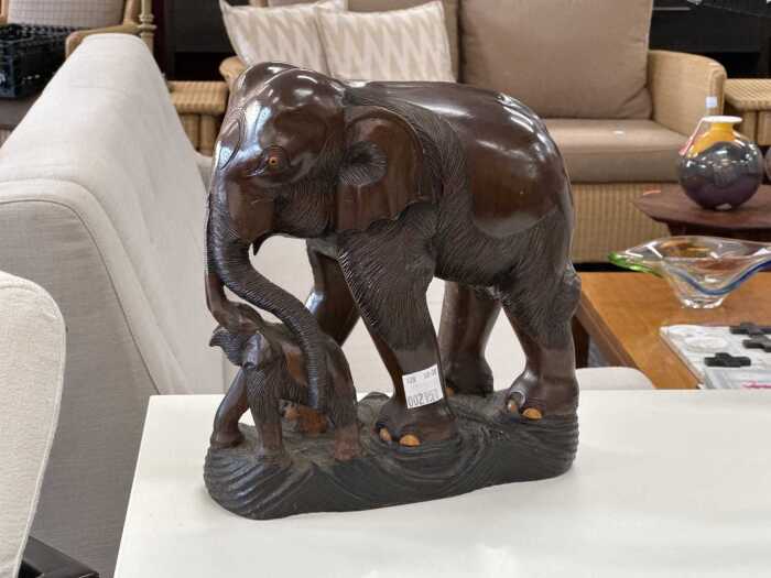 Hand carved timber mother and baby elephant figure