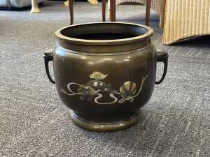 Chinese brass twin-handled planter with applied decoration of Foo dog and ball