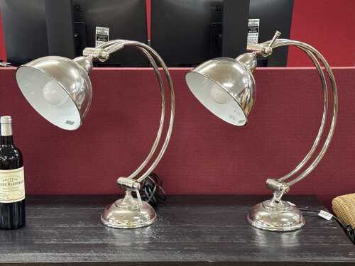 Pair of Bloomingdales arc table lamps in chrome-look metal