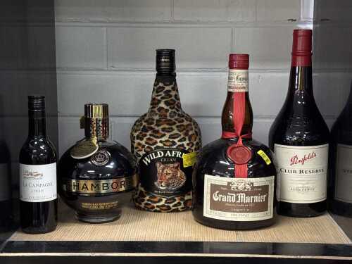 Five assorted bottles of wine and liqueur
