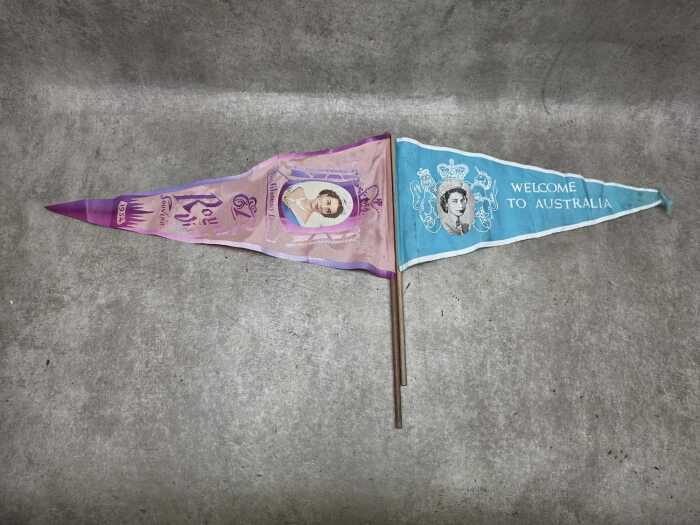 Two commemorative Queen Elizabeth II Australian Royal Visit pennant flags