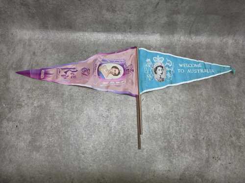 Two commemorative Queen Elizabeth II Australian Royal Visit pennant flags