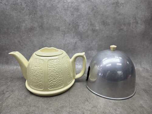 Art Deco lemon glazed ceramic teapot with felt-lined aluminium cosy