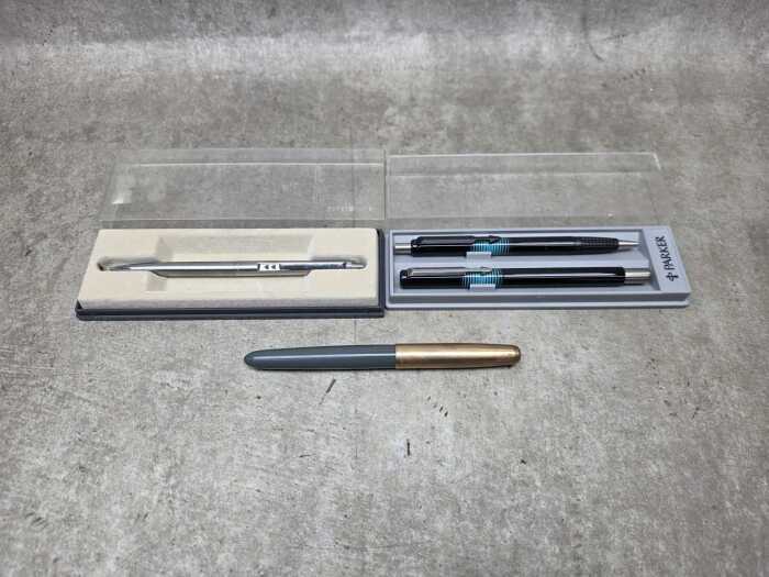 Parker 51 fountain pen, and Parker and Papermate ballpoint pens