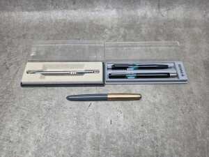 Parker 51 fountain pen, and Parker and Papermate ballpoint pens