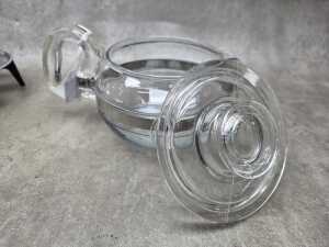 Three retro glass coffee pots including Pyrex, J&J on warming stand, etc. - 3