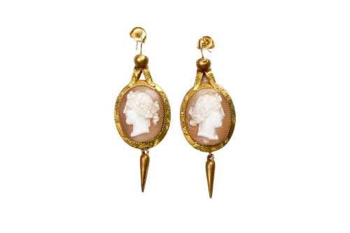 A pair of antique rolled gold cameo set earrings
