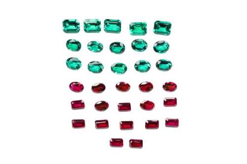 A collection of synthetic rubies and emeralds