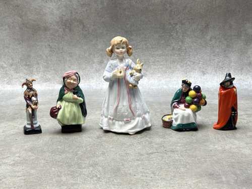 Five Royal Doulton porcelain figures, including The Old Balloon Seller
