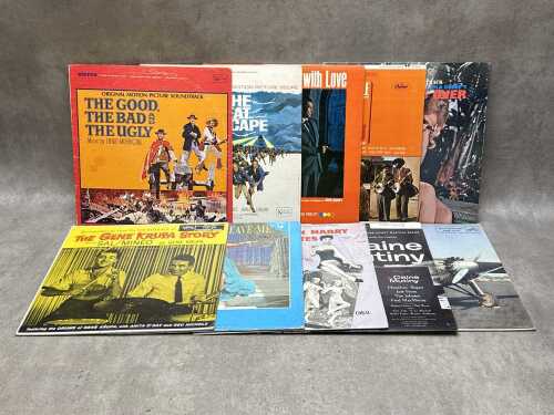 Ten soundtrack vinyl records, including The Good, The Bad and the Ugly